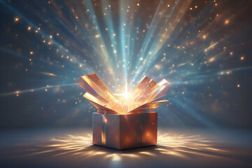 Open gift box with bright rays of light - obrazy, fototapety, plakaty