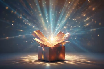 Foto op Canvas Open gift box with bright rays of light © rutchakon