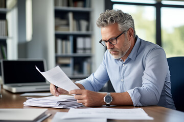 Busy middle aged executive, mature male hr manager holding documents using laptop looking at pc in office at desk, thinking over financial data report feeing doubt about market assets investment risk.