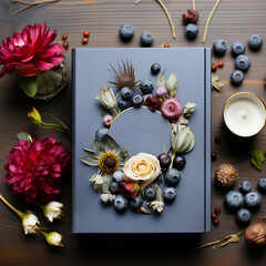 Beauty box with mockup on table with flowers and blueberries, top view