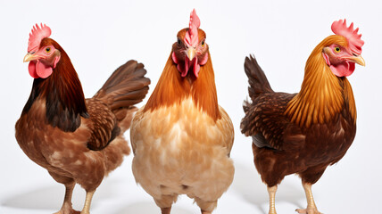 Fototapeta premium Three chickens isolated background, AI Generative.