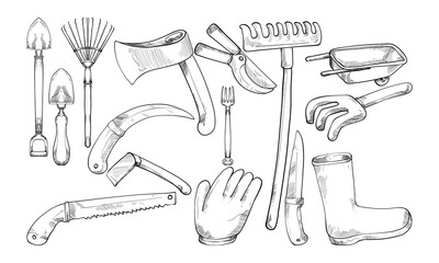 garden tools handdrawn collection