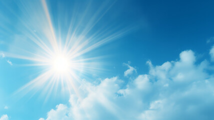 Naklejka na ściany i meble Sun in blue sky. Warm solar lens flare in clear skies