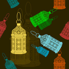 Editable Arab Lamps Vector Illustration in Flat Monochrome Style With Various Colors as Seamless Pattern With Dark Background for Islamic Occasional Theme Such as Ramadan and Eid or Arab Culture
