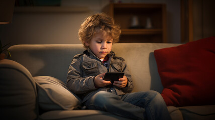 boy using phone on sofa. What age should a kid get a phone. - obrazy, fototapety, plakaty