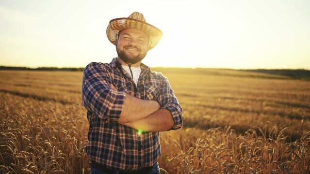Happy bearded farmer in hat looking at camera standing on agricultural wheat field with combine harvester and dump truck on background. Harvesting, farming at sunset. Food production, agribusiness.