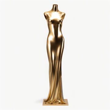 Golden female Posing Fashion Statue Mannequin isolated on a white background. The concept of awards ceremony.