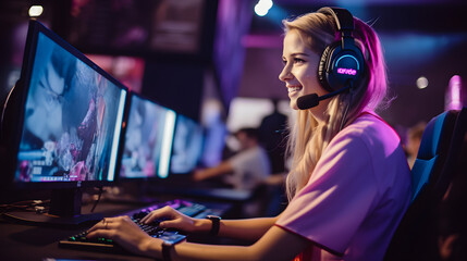 Esports and online gaming- Woman live streaming her video game session. generative ai.