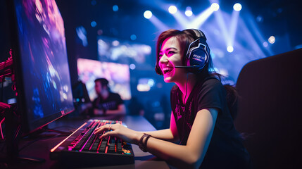 Esports and online gaming- Woman live streaming her video game session. generative ai. - obrazy, fototapety, plakaty