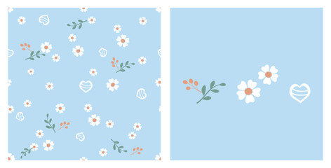 Seamless pattern with daisy flower, green branch, berry branch and white hearts on blue background vector illustration.