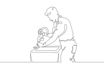 Fototapeta na wymiar Plumber in work clothes. Mechanic with a tool. Handyman. Wrench. Repair. One continuous line drawing. Linear. Hand drawn, white background. One line.