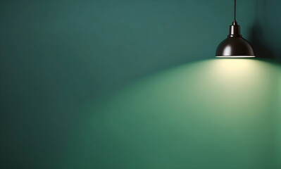 Simple lamp hangs on green wall and illuminates it, space for text or presentation