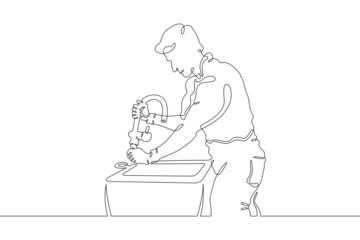Plumber in work clothes. Mechanic with a tool. Handyman. Wrench. Repair. One continuous line drawing. Linear. Hand drawn, white background. One line.