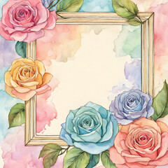 Colorful flower rose frame watercolor background. 