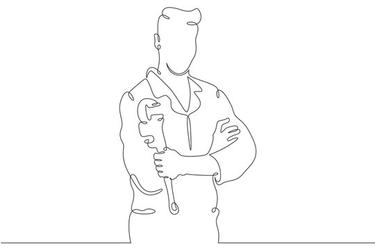 Plumber in work clothes. Mechanic with a tool. Handyman. Wrench. Repair. One continuous line drawing. Linear. Hand drawn, white background. One line.