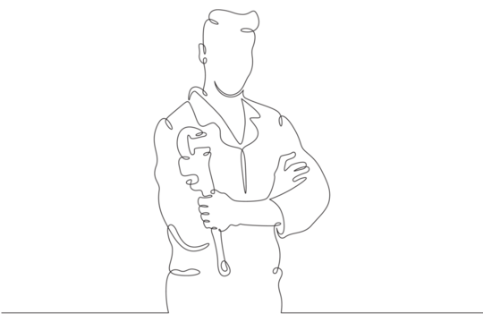 Plumber in work clothes. Mechanic with a tool. Handyman. Wrench. Repair. One continuous line drawing. Linear. Hand drawn, white background. One line.