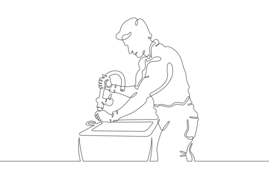 Plumber in work clothes. Mechanic with a tool. Handyman. Wrench. Repair. One continuous line drawing. Linear. Hand drawn, white background. One line.