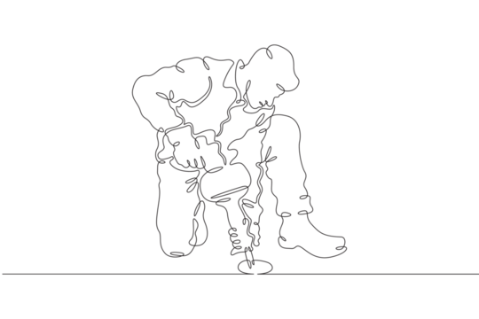 Plumber in work clothes. Mechanic with a tool. Handyman. Wrench. Repair. One continuous line drawing. Linear. Hand drawn, white background. One line.