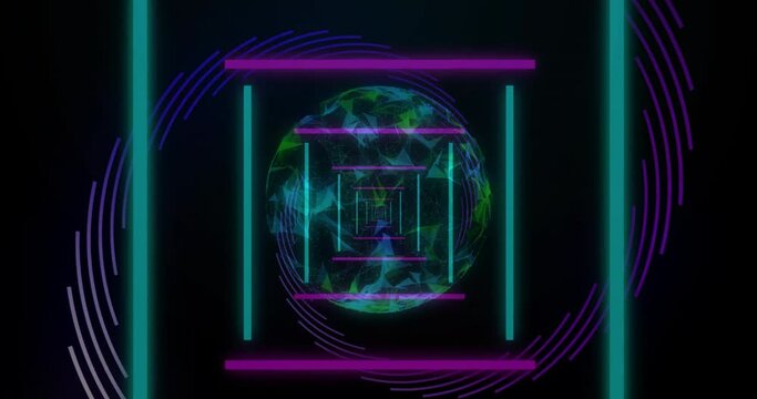 Animation of neon stripes, networks of connections over globe