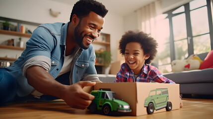 Father, son and playing at home with pretend car in a box on moving day in new property. Black family, house and real estate move of a dad and child together with play driving and fun . generative ai. - obrazy, fototapety, plakaty
