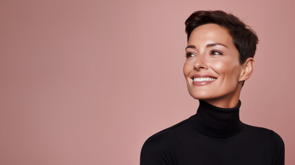Obraz premium Beautiful middle aged women with short brown hair. Skincare or fashion campaign concept. With copy space.