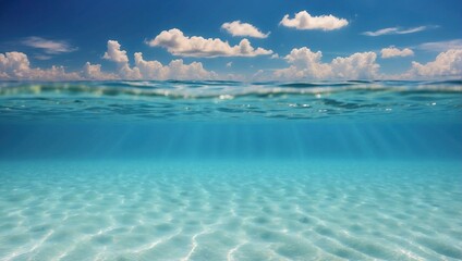 Fototapeta na wymiar Calm blue ocean with gentle waves under a clear sky, sun rays piercing through the water, serene seascape
