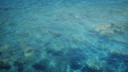 Clear tropical blue water surface with visible underwater rocks, serene and tranquil, ideal for natural aquatic backgrounds