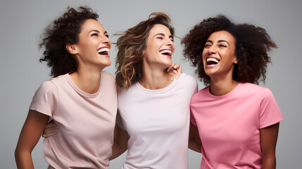 Fun in fitness clothing- Three female friends laughing happily on a transparent background. generative ai.