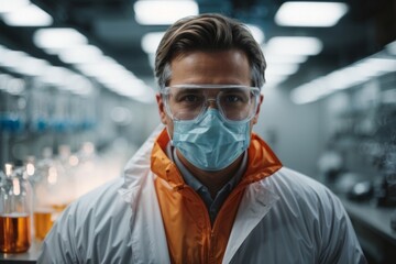Closeup of a male scientist wearing a protective suit made of a mask, glasses working in a laboratory. Medical Laboratory Technology.