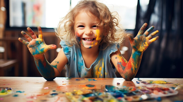 funny child girl draws laughing shows hands dirty with paint. generative ai.