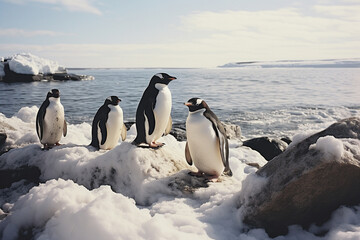 Obraz premium Graphic Portrait of Real Penguins on a Snowy Shore.