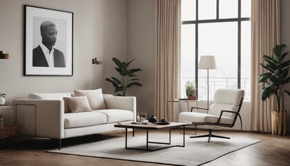 Fototapeta premium Interior design mockup with picture frame on a Wall. Living room in colors with sofa and painting.