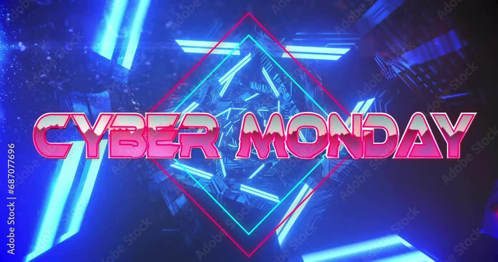 Poster animation of cyber monday text over neon pattern background