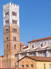 Detail of the ancient and historic bell tower of the church of Santa Maria Bianca, Lucca, Tuscany, Italy - 687077607