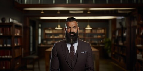 Fototapeta premium The Well-Dressed Scholar Contemplating Knowledge in a Serene Library Setting