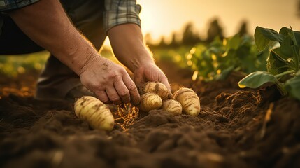farmer planting potatoes in the field - obrazy, fototapety, plakaty