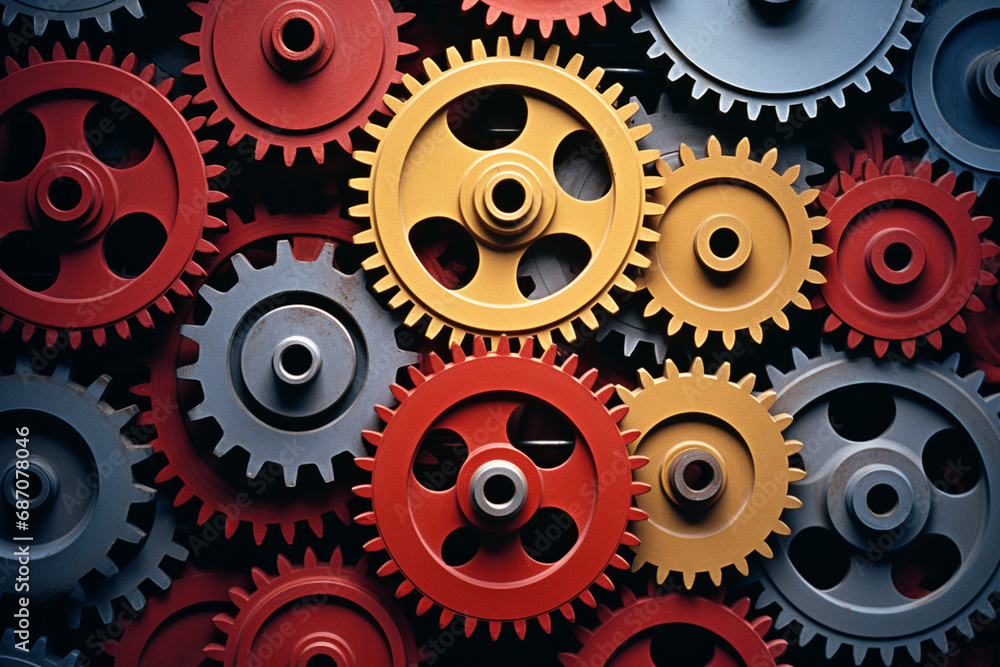 Poster an abstract photo of interconnected gears, each one representing a piece of knowledge seamlessly int