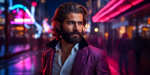 Obraz premium A Stylish Man with a Long Hair and Beard Rocking a Vibrant Purple Jacket