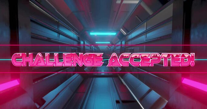 Animation of challenge accepted text over neon pattern background