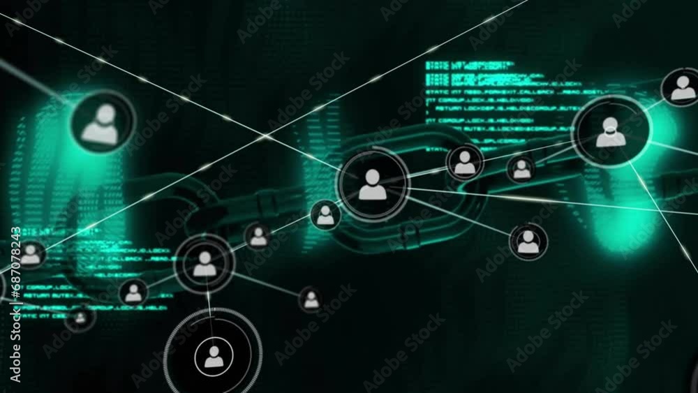 Poster animation of network of connections with people icons and data processing