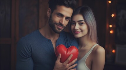 Happy young couple  with red heart