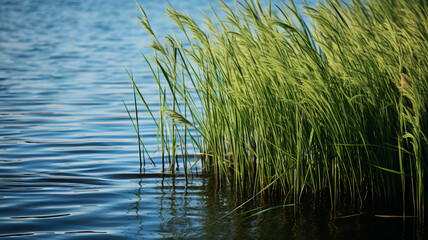Fototapeta premium View of green reeds growing near channel outdoors, AI Generative.