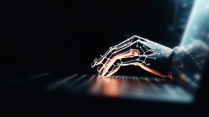 Robot hands point to laptop - obrazy, fototapety, plakaty