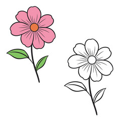 Pink flower drawing with line-art on white backgrounds. Simple Design Outline Style. You can give color you like. Vector Illustrations