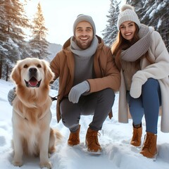 Generative AI a happy couple selfie with golden retriever at winter forest 
