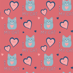 Cute hearts, quote I love my cat vector seamless pattern. Valentine's Day background.