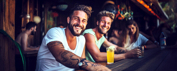 Friends partying together. Two guys sitting in a bar counter close to the beach. Cold drinks served at a summer party. Extra wide banner format image.
