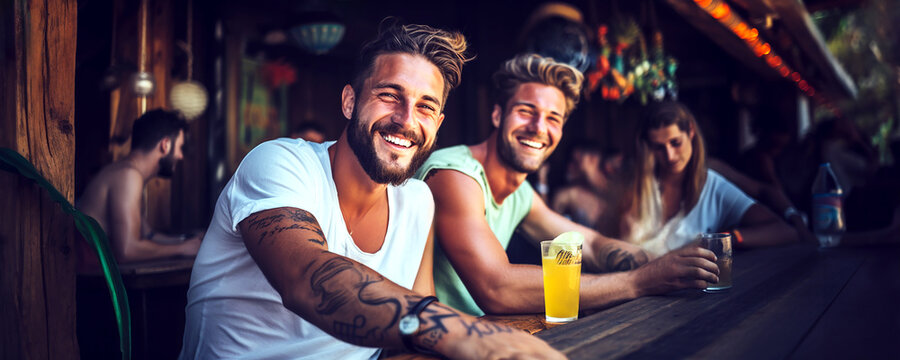 Friends partying together. Two guys sitting in a bar counter close to the beach. Cold drinks served at a summer party. Extra wide banner format image. - Powered by Adobe