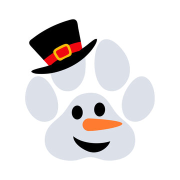 Tiempo de Navidad. Logo pet friendly. Silueta de zarpa de perro o gato con cara de muñeco de nieve sonriente con sombrero para su uso en tarjetas y felicitaciones