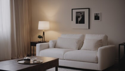 Interior design mockup with picture frame on a Wall. Living room in colors with sofa and painting.